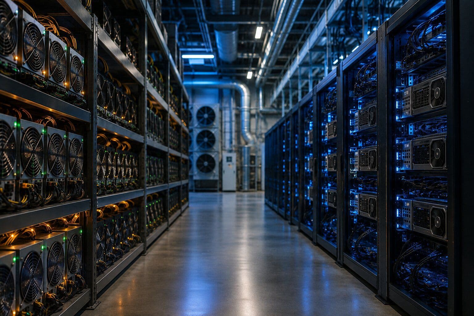 Mining capacity moves toward AI while Bitcoin hashrate remains about 50% below its long-term growth trend. (Image: Shutterstock)